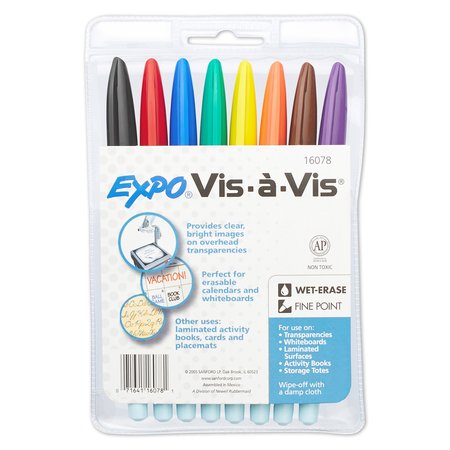 EXPO Vis-à-Vis Wet Erase Marker, Fine Bullet Tip, Assorted Colors, PK8 16078